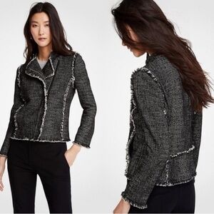 Ann Taylor Women's Tweed Fringe Asymmetrical Zip Moto Jacket Blazer